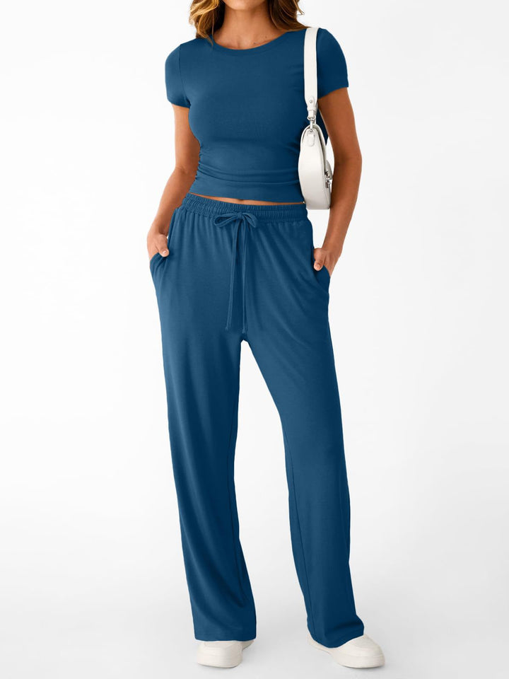 Damen lässiger Freizeitanzug mit kurzen Ärmel und weiten Hosen Drune