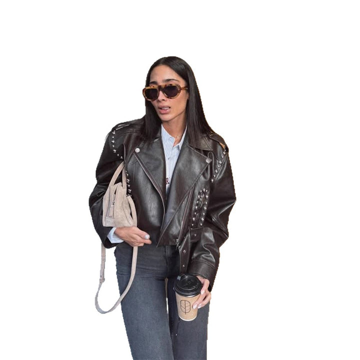Damen Kurze Nieten-Bikerjacke aus Lederimitat mit Taillengürtel Drune