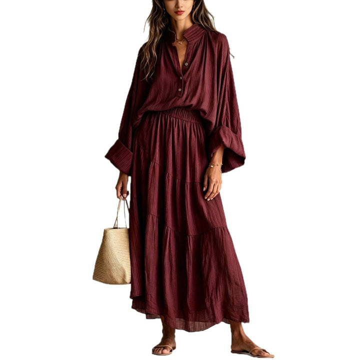 Damen Maxikleid mit geraffter Taille, Stehkragen und voluminösen Ballonärmeln Drune