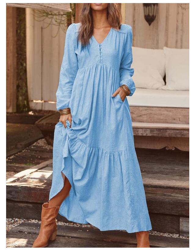 Damen nan luftiges Maxikleid mit V-Ausschnitt, Langarm und Eingrifftaschen Drune