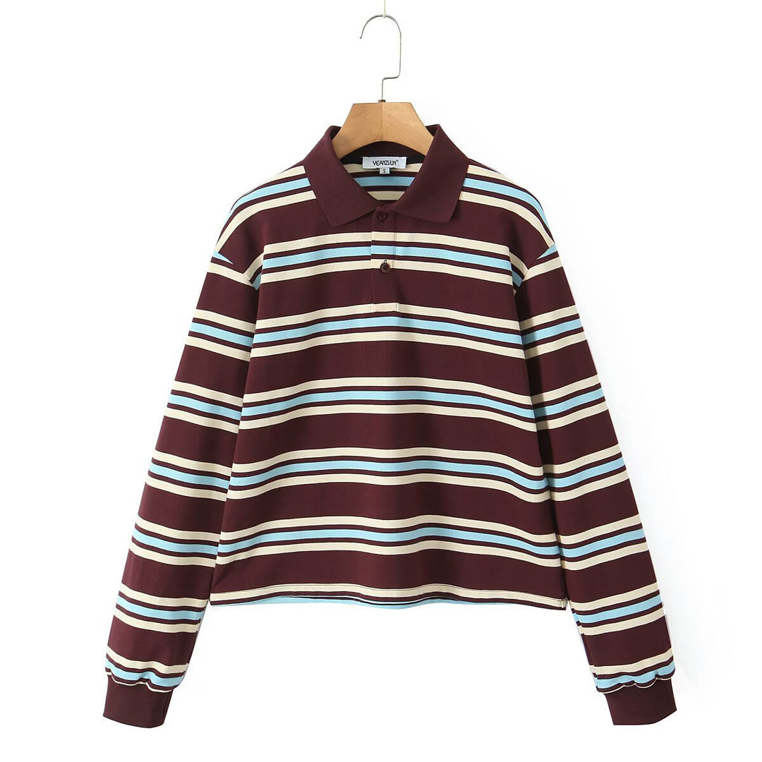 Damen Lässiges Langarm-Poloshirt mit Streifenmuster und Rippbündchen Drune
