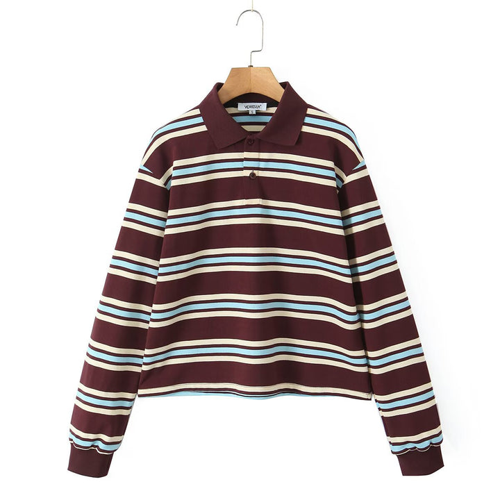 Damen Lässiges Langarm-Poloshirt mit Streifenmuster und Rippbündchen Drune