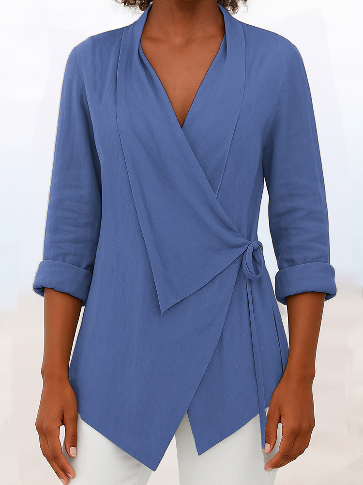 Damen Asymmetrische Wickelbluse mit Schalkragen und 3/4-Ärmeln Drune
