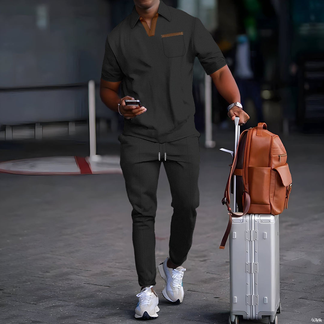 Herren nan lässiges Freizeitset aus elastischem Jersey mit V-Ausschnitt Brusttasche und Kordelbund Drune