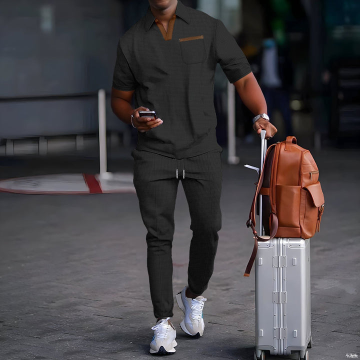 Herren nan lässiges Freizeitset aus elastischem Jersey mit V-Ausschnitt Brusttasche und Kordelbund Drune