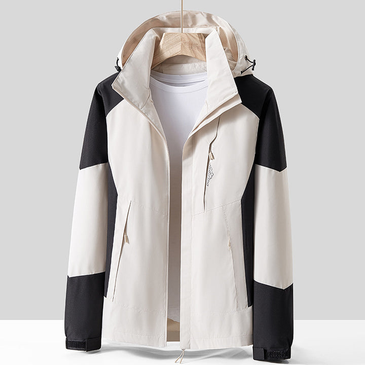 Unisex Atmungsaktive Softshell-Outdoorjacke im Colorblock-Design mit regulierbarer Kapuze und verdecktem Zweiwege-Reißverschluss Drune