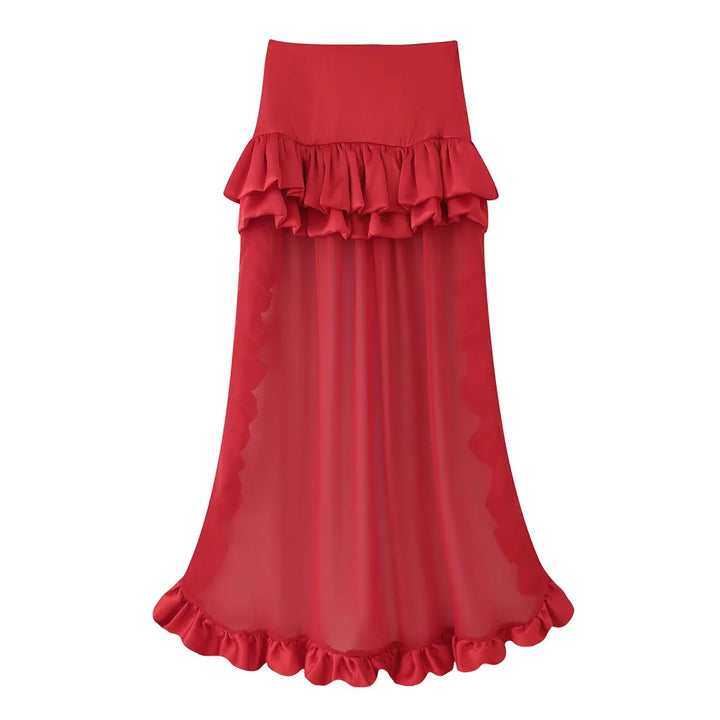 Damen nan Maxirock mit hoher Taille, mehrlagigen Volants und transparentem Tüll-Overlay Drune