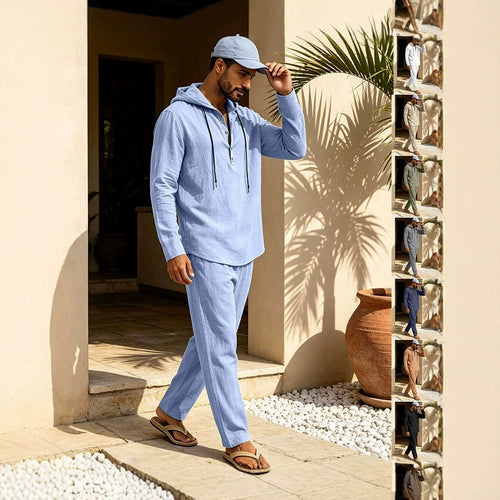 Herren Lässiges Leinen-Look Freizeit-Set mit Kapuzenhemd und weiten Hosen Drune