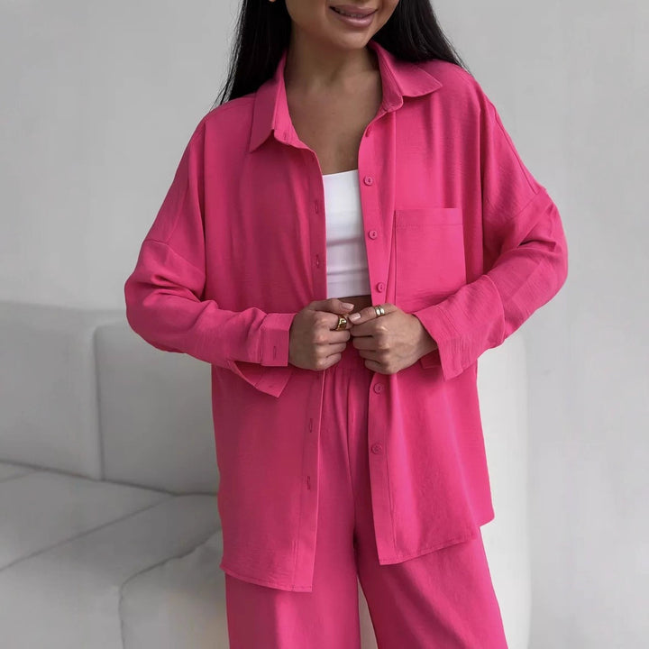 Damen Zweiteiliges Lounge-Set Oversize-Bluse mit Brusttasche und weiter Palazzo-Hose Drune