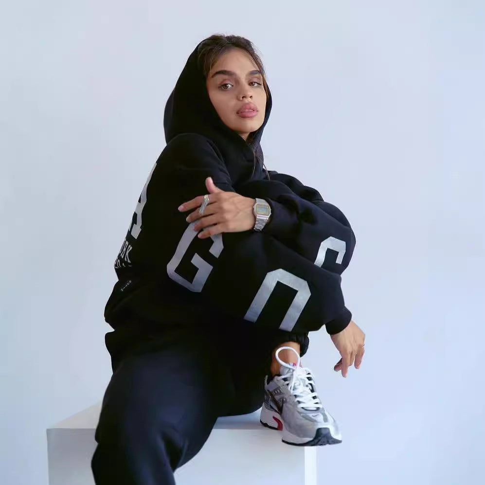 Damen Oversized Kapuzenpullover mit großflächigem Blockprint Drune