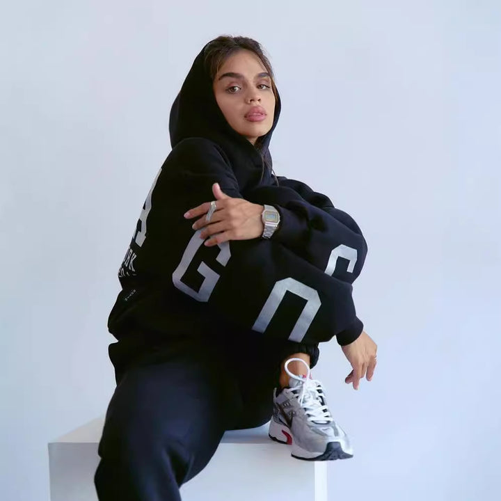 Damen Oversized Kapuzenpullover mit großflächigem Blockprint Drune