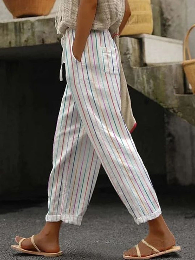 Damen Weite Leinenhose mit handgewebtem Muster Drune