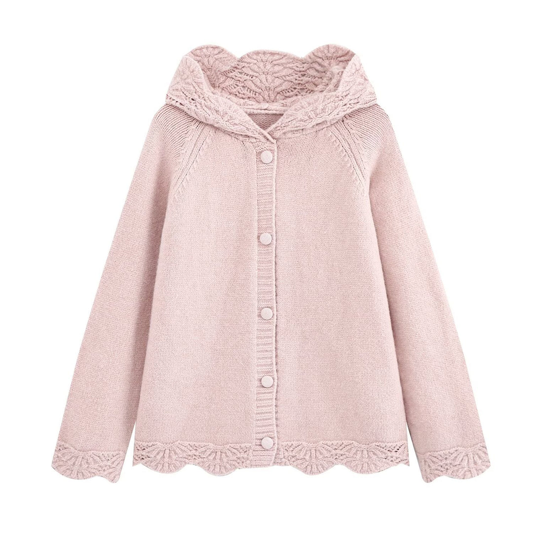 Damen Feinstrick-Cardigan mit Kapuze, Knopfleiste und gehäkelter Borte Drune