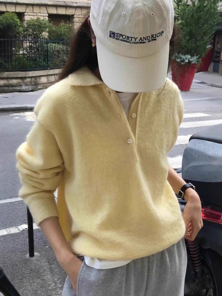 Damen Weicher Kapuzenpullover im Mohair‑Look mit tiefem V‑Ausschnitt und halber Knopfleiste Drune