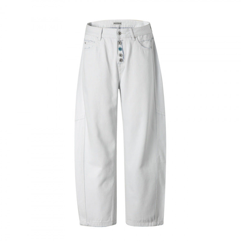 Damen Weite High‑Waist Cropped Jeans mit sichtbarer Knopfleiste, rohem Saum und Utility‑Nähten Drune