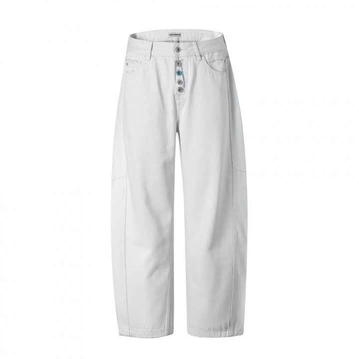 Damen Weite High‑Waist Cropped Jeans mit sichtbarer Knopfleiste, rohem Saum und Utility‑Nähten Drune