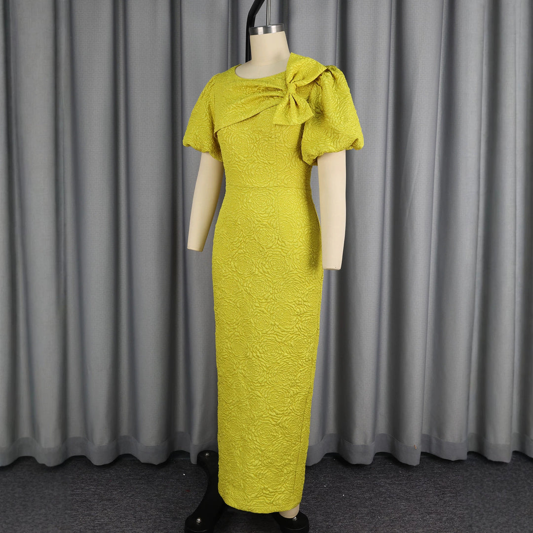 Damen figurumschmeichelndes Maxikleid mit Puffärmeln und Schleifen-Detail Drune