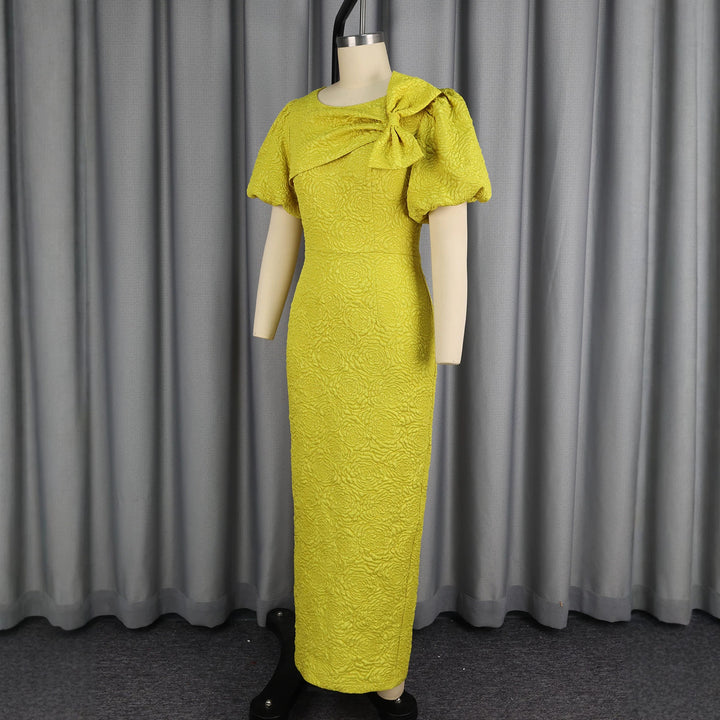 Damen figurumschmeichelndes Maxikleid mit Puffärmeln und Schleifen-Detail Drune