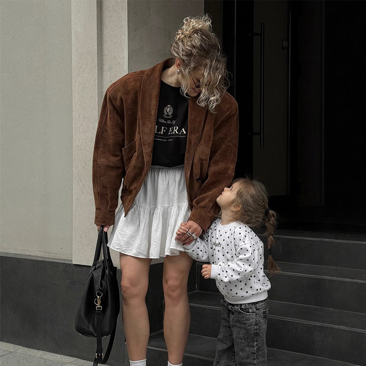 Damen Kurze Veloursleder‑Boxyjacke mit kimonoähnlichem Revers Drune