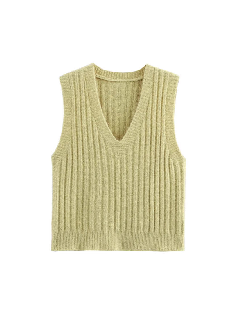 Damen V-Ausschnitt Rippenstrick Ärmelloser Pullover Drune