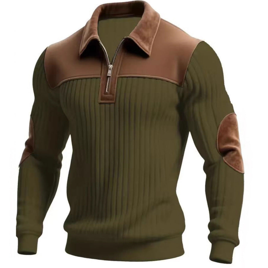 Herren nan gerippter Halbzip-Pullover mit kontrastierenden Lederapplikationen an Schultern und Ellenbogen Drune