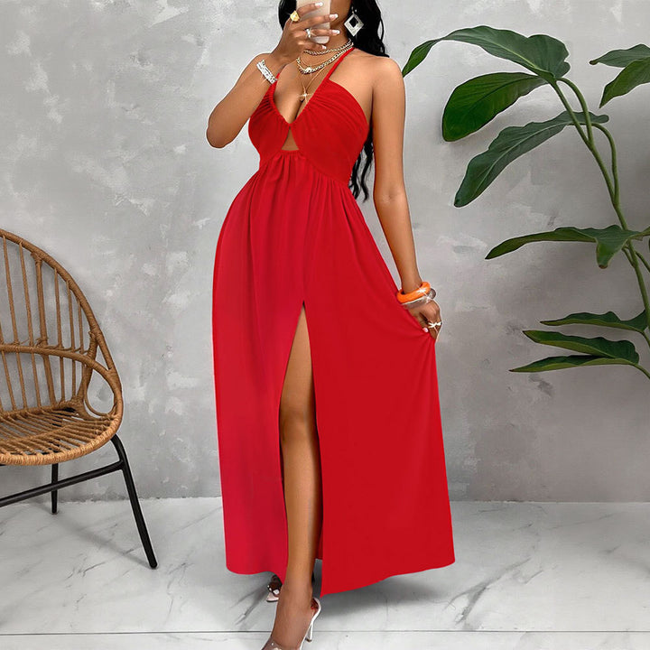Damen Maxikleid mit tiefem V-Ausschnitt und seitlichem Schlitz Drune