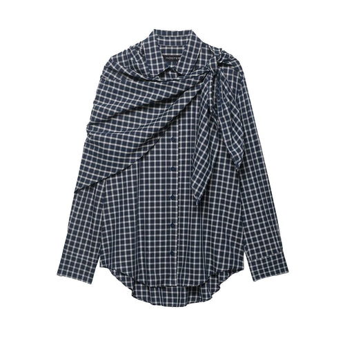 Damen Karierte Bluse mit asymmetrischem Schal‑Drapé und Hemdkragen Drune