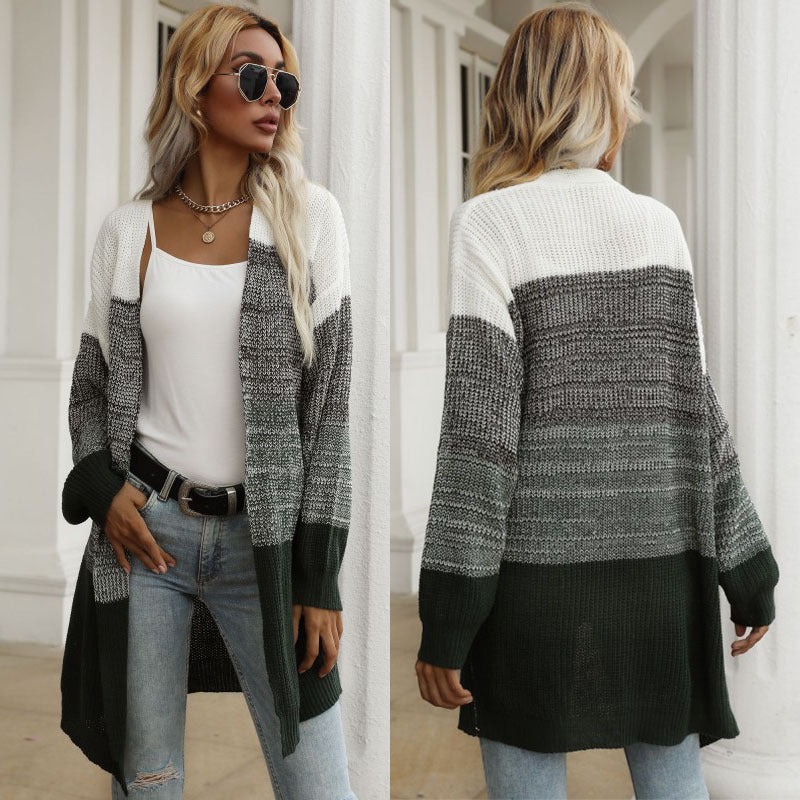 Damen Longline-Cardigan grobgestrickt mit Colorblock und offener Front Drune