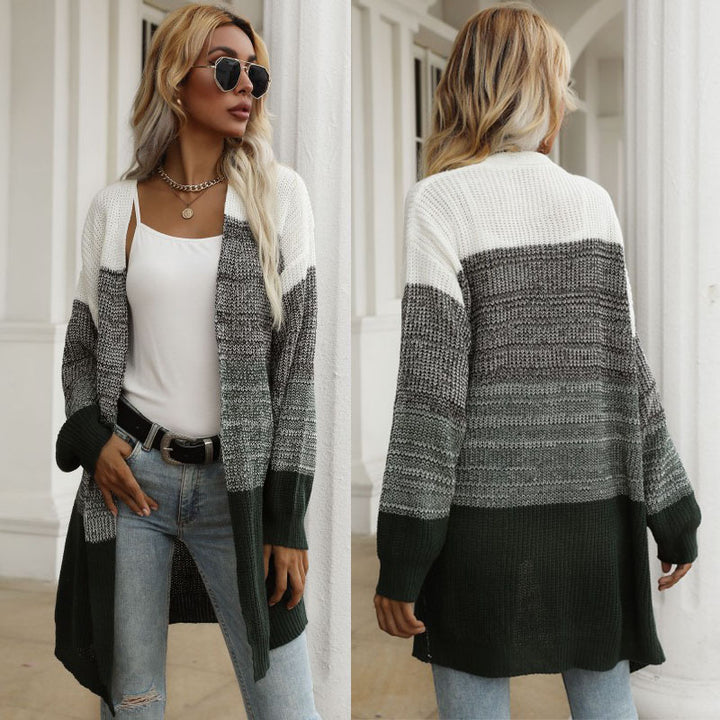 Damen Longline-Cardigan grobgestrickt mit Colorblock und offener Front Drune