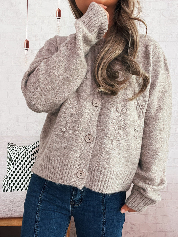 Damen lockerer Strickcardigan mit floralen Applikationen und Knopfdetails Drune