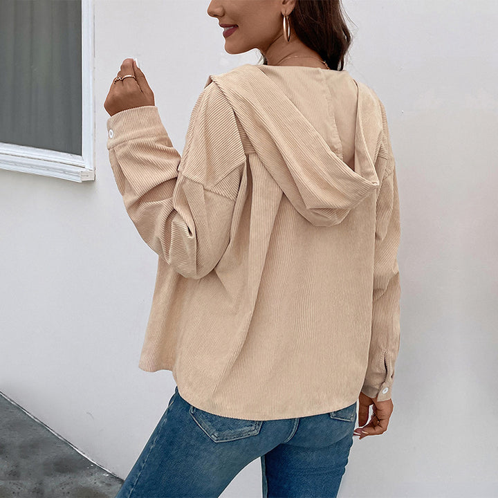 Damen Cordjacke mit Kapuze und Knopfdetails Drune