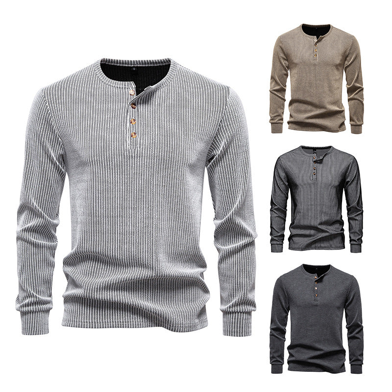 Herren Slim-Fit Gerippter Henley-Langarmpullover mit Rundhalsausschnitt und Knopfleiste Drune