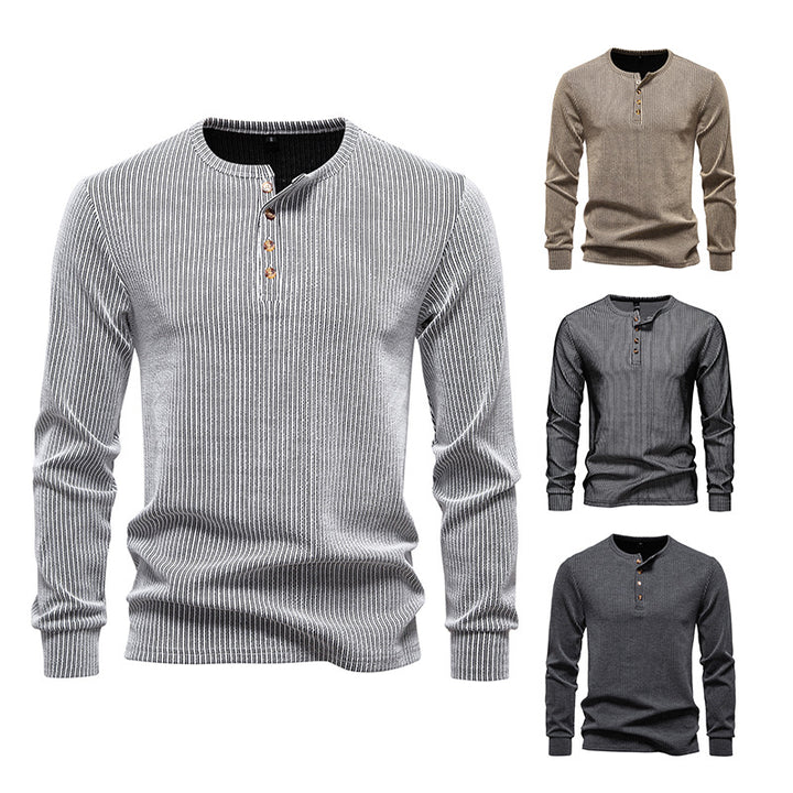 Herren Slim-Fit Gerippter Henley-Langarmpullover mit Rundhalsausschnitt und Knopfleiste Drune