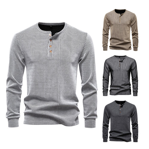 Herren Slim-Fit Gerippter Henley-Langarmpullover mit Rundhalsausschnitt und Knopfleiste Drune