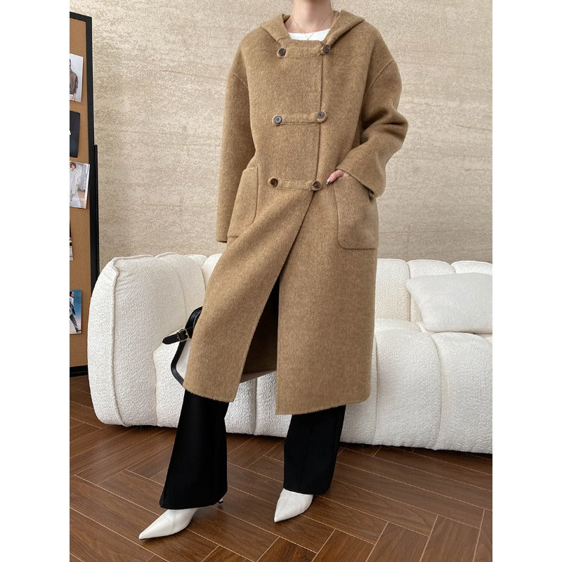 Damen eleganter Wollmantel mit Kapuze und praktischen Taschen Drune