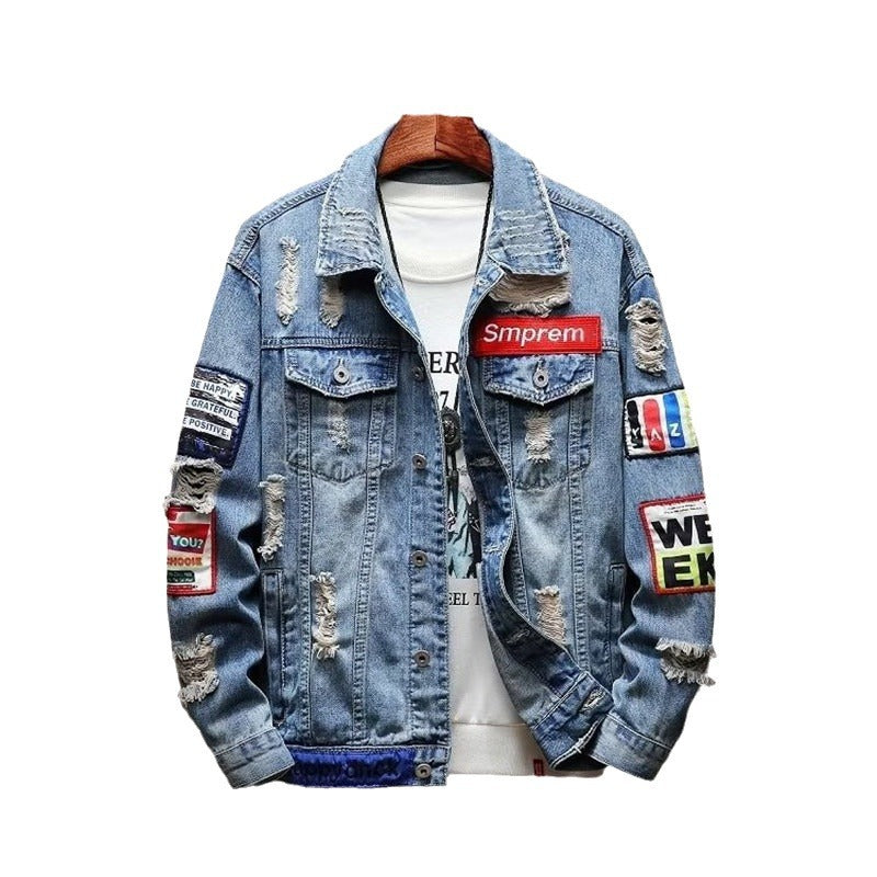 Herren Modische Destroyed Denimjacke mit kreativen Aufnähern Drune