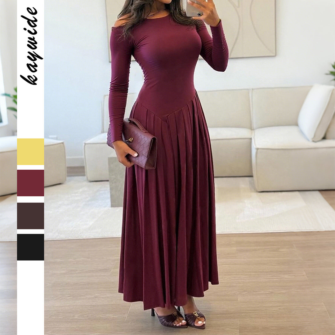 Damen nan asymmetrisches Maxikleid mit plissiertem Rock und figurbetontem Oberteil Drune