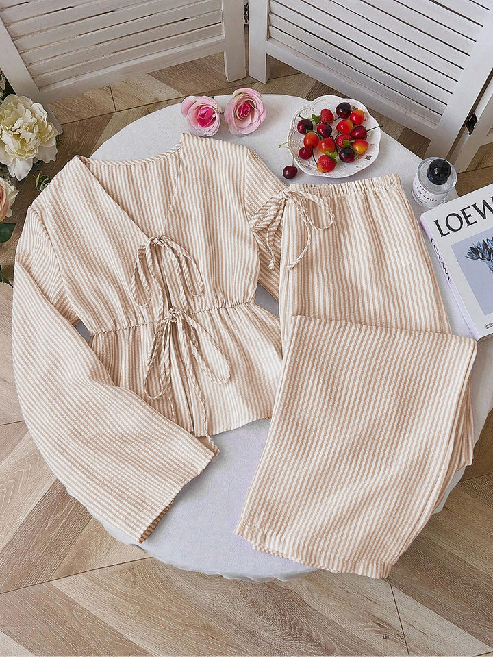 Damen nan gestreiftes Leinenähnliches Homewear-Set mit gerafftem Tunnelzugoberteil und elastischer Bundhose Drune