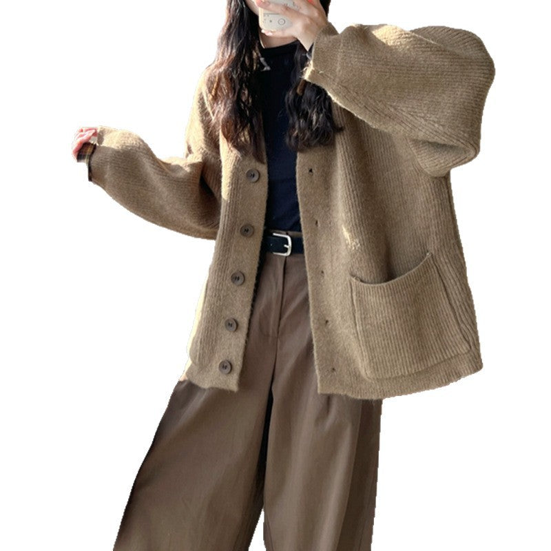 Damen Kuschelige Strickjacke mit großen Taschen und Knopfdetails Drune