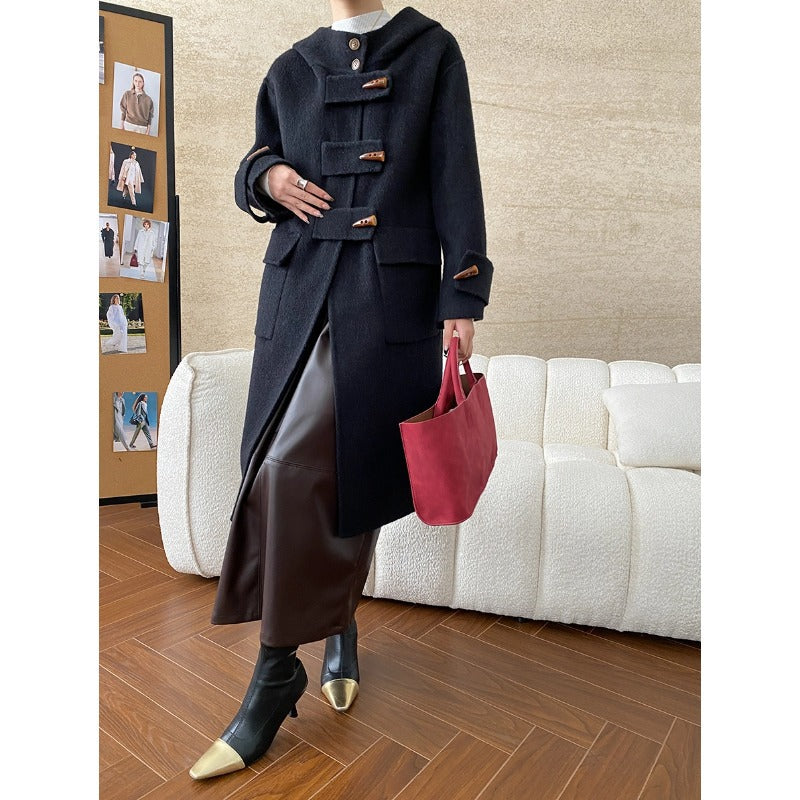 Damen eleganter Wollmantel mit Kapuze und großen Knöpfen Drune