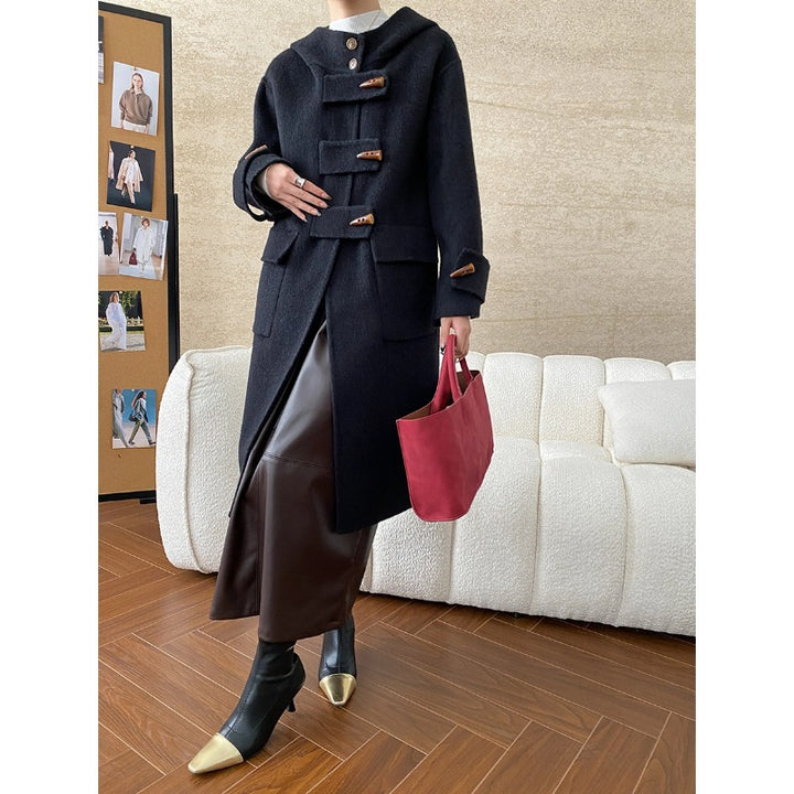Damen eleganter Wollmantel mit Kapuze und großen Knöpfen Drune
