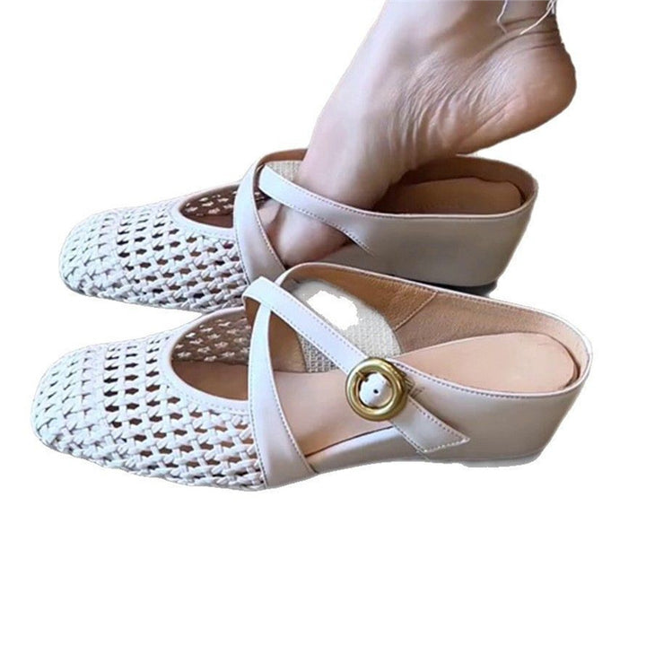 Damen Geflochtene Mule-Ballerinas mit T-Riemen und dekorativer Rosenapplikation Drune