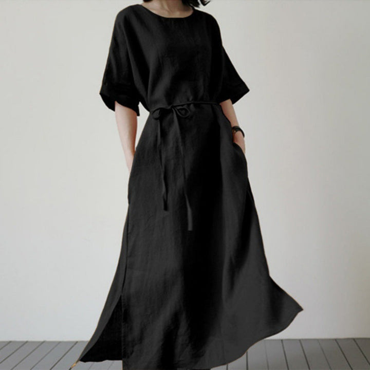 Damen Leinenmaxikleid mit weit geschnittenen Ärmeln und Taillengürtel Drune