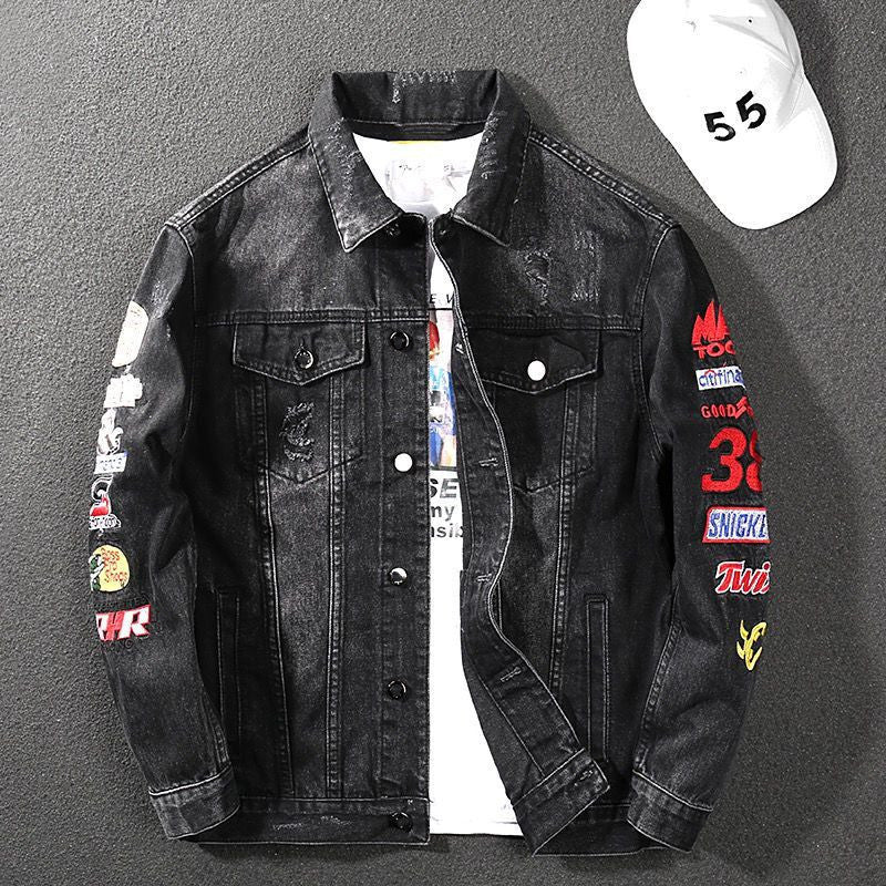 Herren Modische Jeansjacke mit kreativen Patches Drune