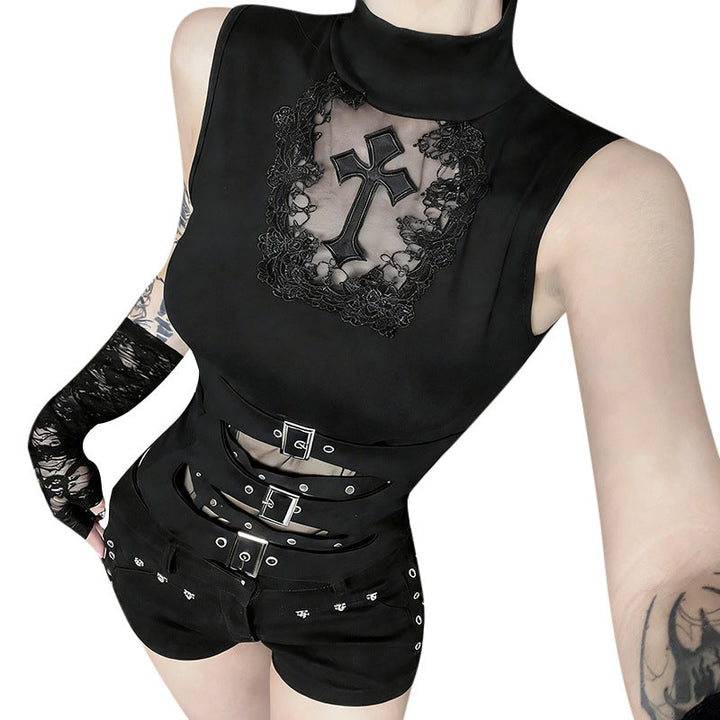 Damen Gothic Body mit dekorativem Spitzen- und Kreuzdesign und tailliertem Schnitt Drune