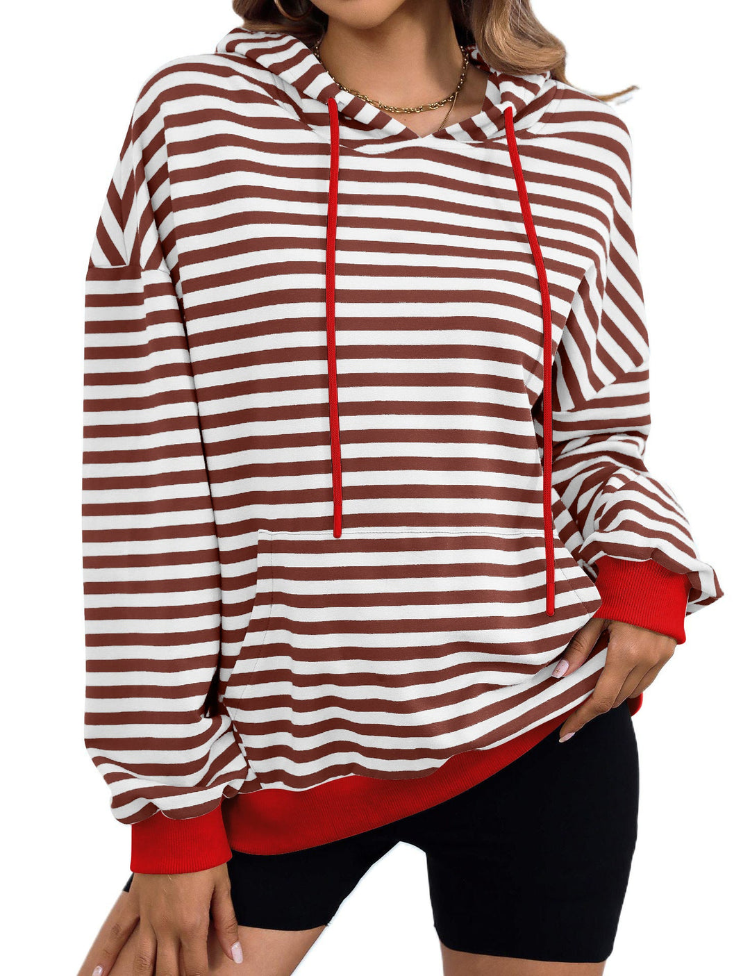 Damen gestreifter Kapuzenpullover mit stylischer Kängurutasche Drune