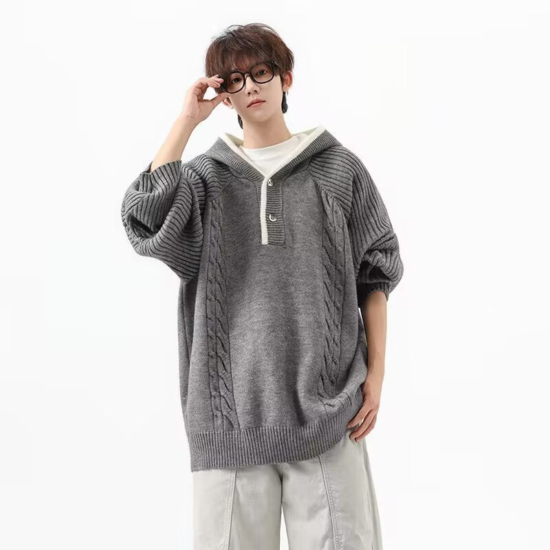 Herren Grobstrickpullover mit Kapuze und Knopfleiste Drune