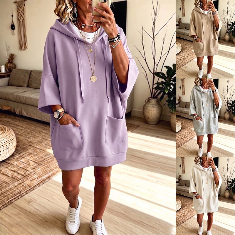 Damen Oversize Hoodie-Kleid mit Kängurutaschen und halblangen Ärmeln Drune