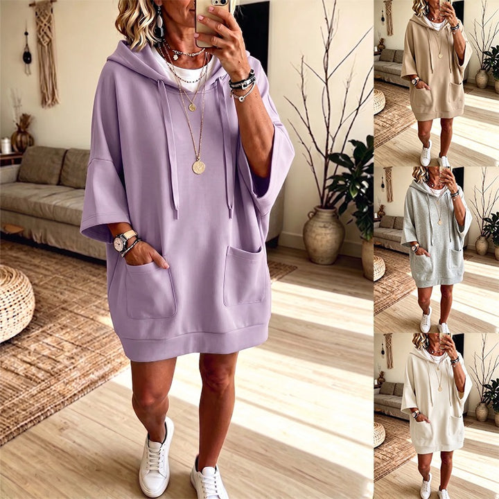 Damen Oversize Hoodie-Kleid mit Kängurutaschen und halblangen Ärmeln Drune