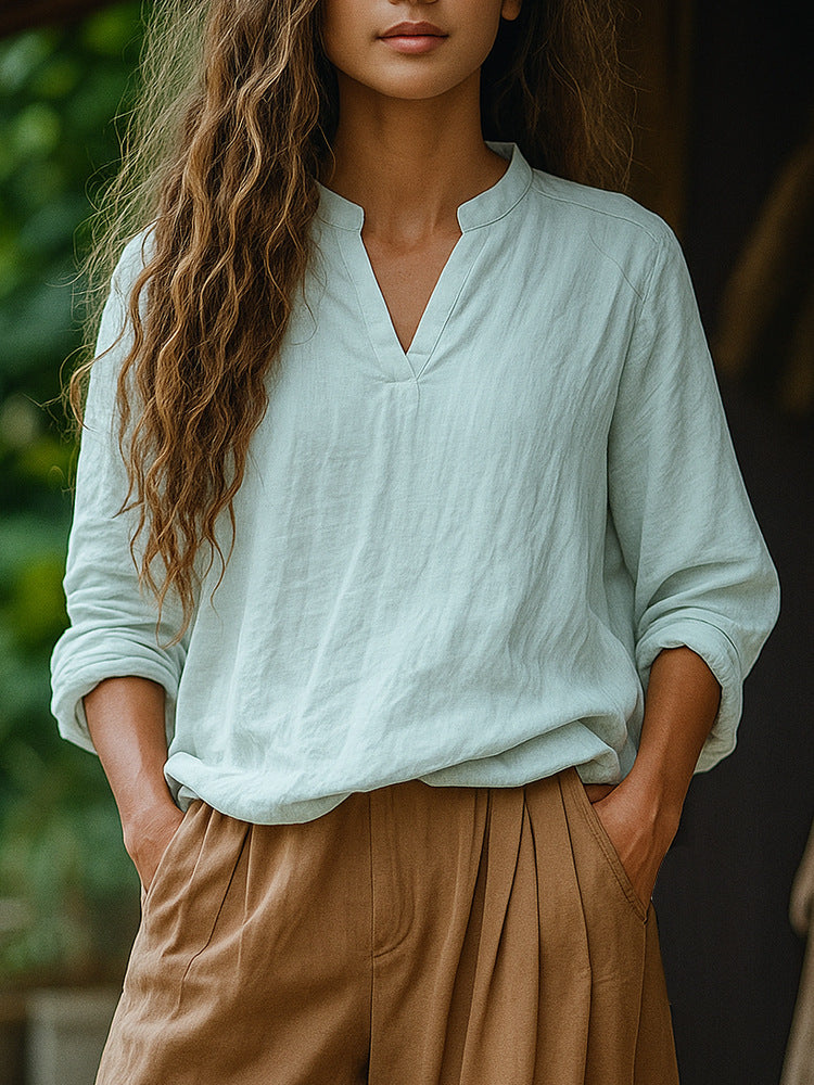 Damen Casual Tunika-Bluse in Leinenoptik mit kleinem Stehkragen und V‑Schlitz Drune